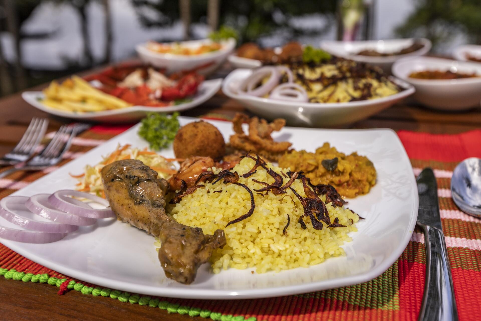 Authentic Sri Lankan rice and curry platter served at Serendipity Lake
